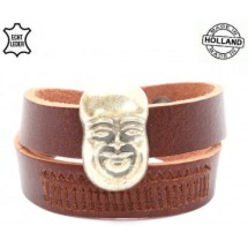 Lederen dubbele dames armband met Boeddha bruin