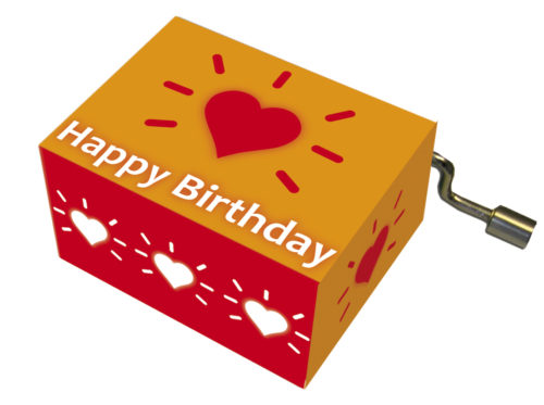 Muziekdoosje verjaardag hartjes rood oranje en melodie Happy Birthday