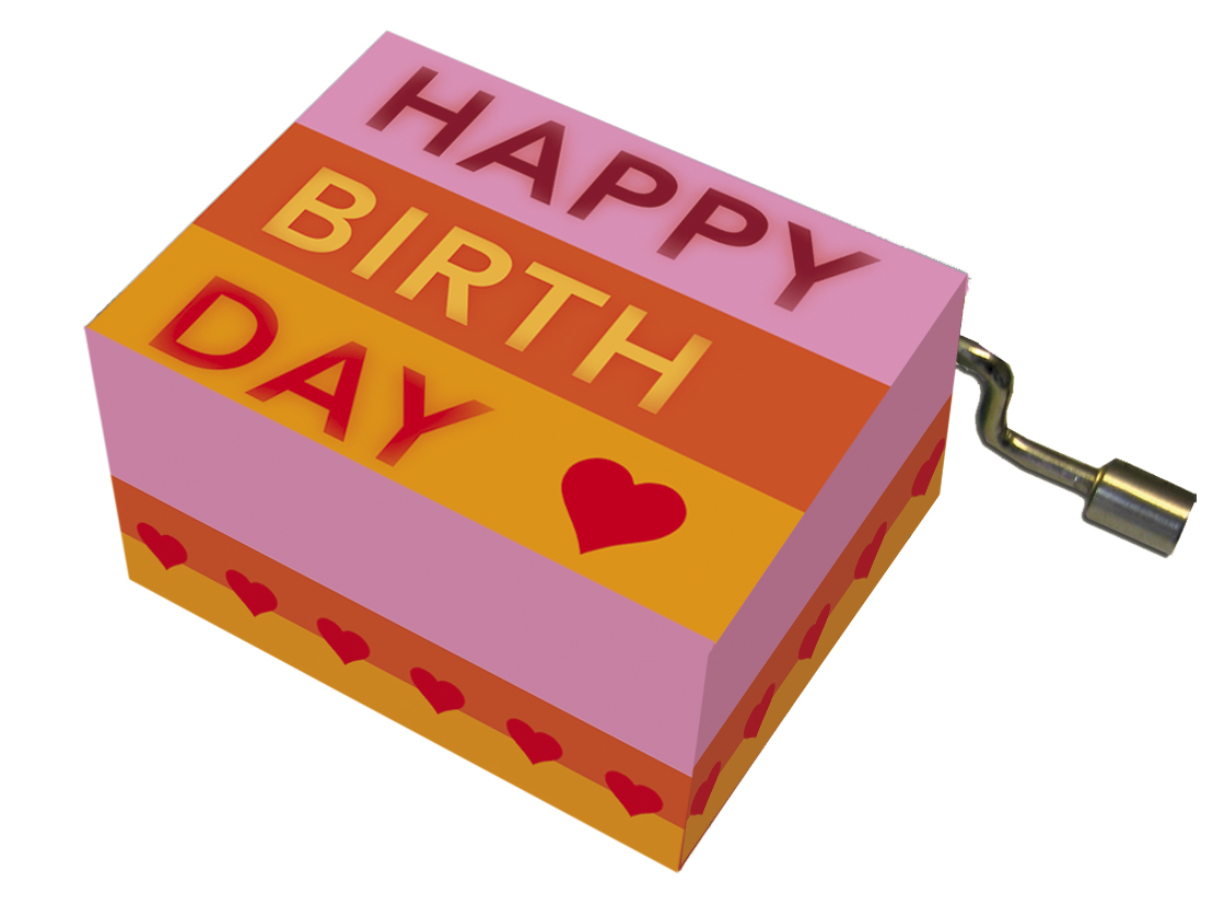 Muziekdoosje verjaardag roze oranje gestreept en melodie Happy Birthday