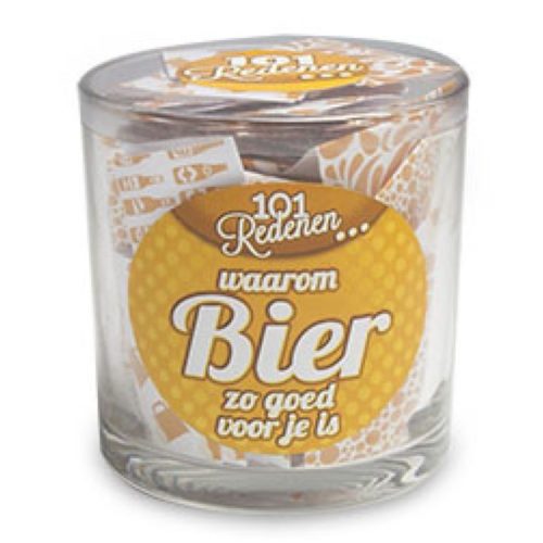 Glazen potje met 101 redenen waarom bier zo goed voor je is