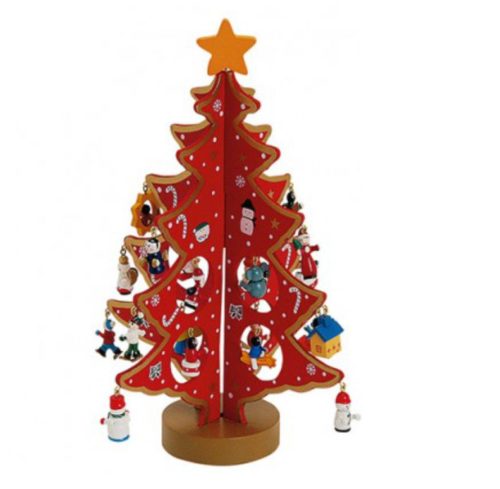 Houten kerstboom rood met diverse leuke hangers