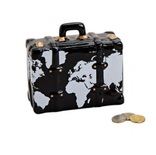 Spaarpot koffer zwart met wereldkaart