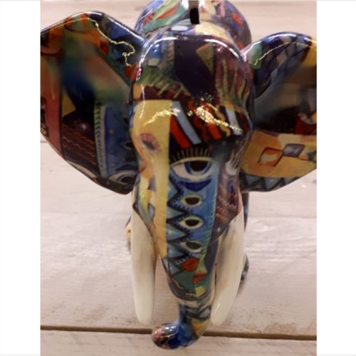 Spaarpot olifant 22cm breed in donkere bonte kleuren