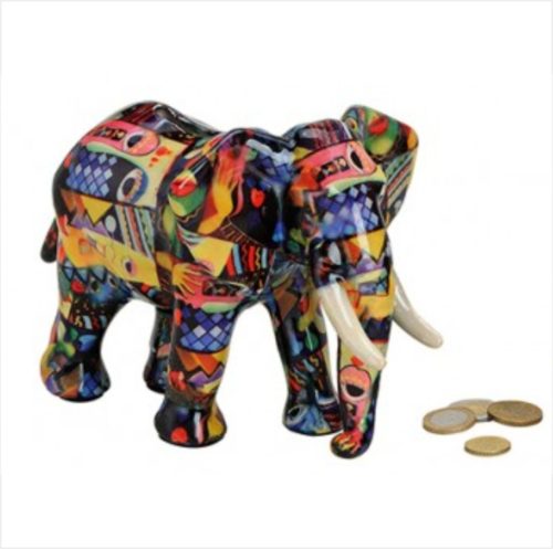 Spaarpot olifant 22cm breed in donkere bonte kleuren