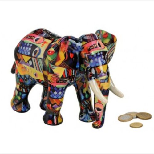 Spaarpot olifant 22cm breed in donkere bonte kleuren