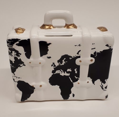 Spaarpot witte koffer met wereldkaart