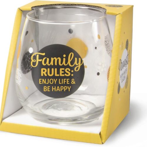 Water- wijnglas met tekst Family rules enjoy life and be happy