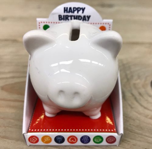 Mini spaarpot spaarvarken happy birthday van keramiek
