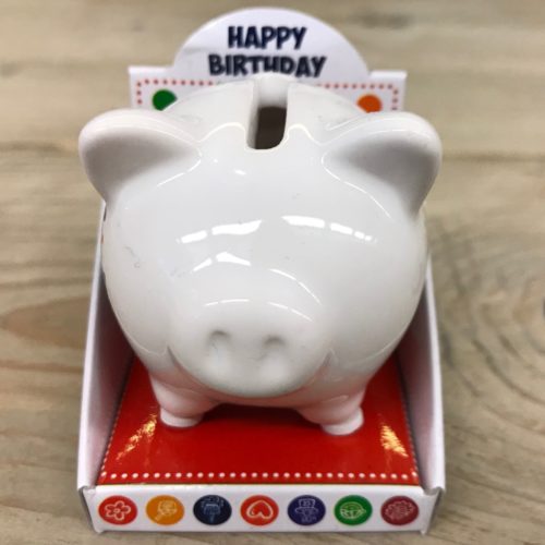 Mini spaarpot spaarvarken happy birthday van keramiek