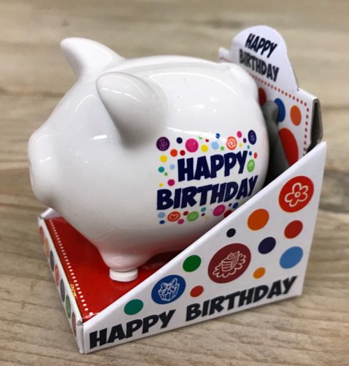 Mini spaarpot spaarvarken happy birthday van keramiek
