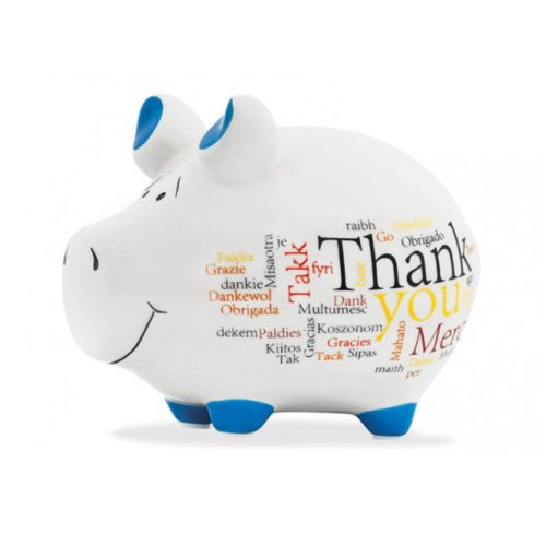 Spaarpot spaarvarken bedankt en thank you in wit en blauw