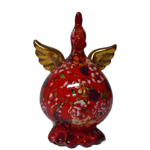 Spaarpot kip met bloemendecoratie in rood met gouden vleugels