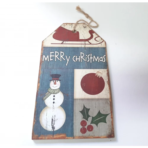 Houten tekstbord kerst Merry Christmas met sneeuwpop