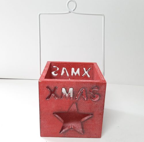 Houten waxinelichthouder kerst rood XMAS met hengsel