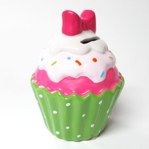 Spaarpot Sundae ijscup type A groene cup witte stippen roze ijs roze topping en roze strik