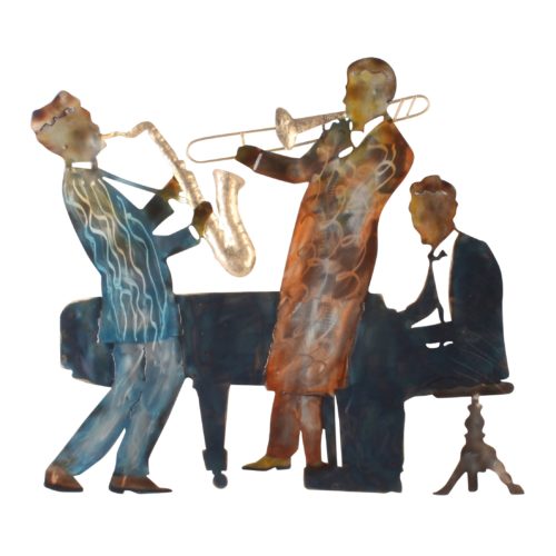 Wand deco metaal muziek trio trompet saxofoon en piano 60 x 67cm