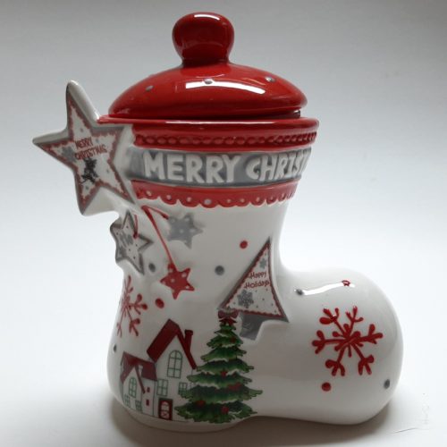 voorraadpot kerstlaars rood met kerstman kerstster en merry christmas