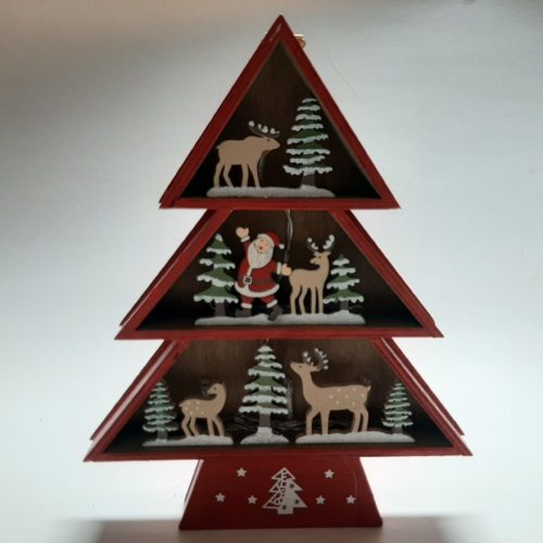 Houten kerstboom rood winters tafereel met kerstman en rendieren ledverlicht