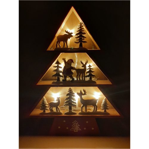 Houten kerstboom rood winters tafereel met kerstman en rendieren ledverlicht