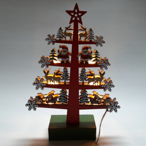 Kerstboom roodkerstman en redieren handgemaakt van houtsnijwerk met ledverlichting