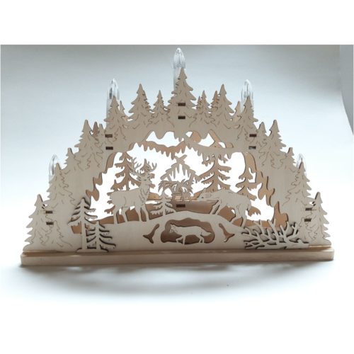 Kerstrap-kerstboog houtsnijwerk met bos rendieren wolf en stal