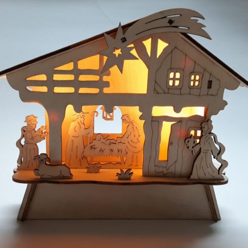 Kerststal houtsnijwerk met verlichting 18cm hoog