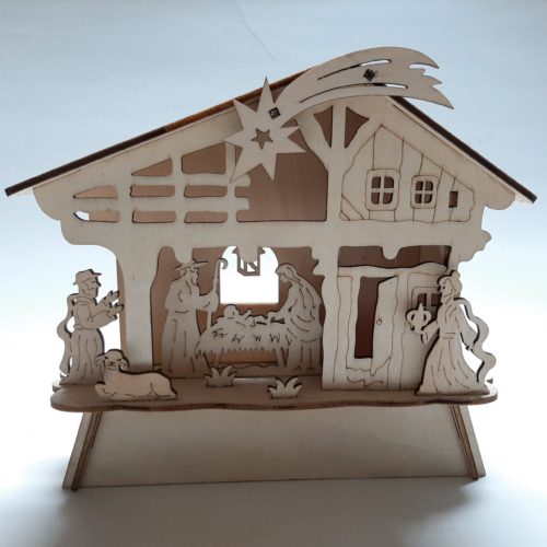 Kerststal houtsnijwerk met verlichting 18cm hoog
