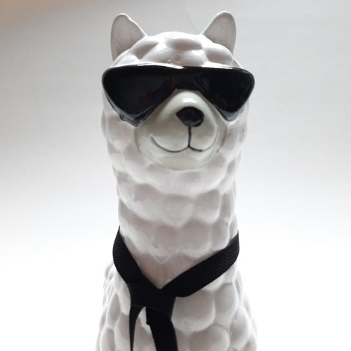 Spaarpot witte alpaca met zwarte strik en zonnebril