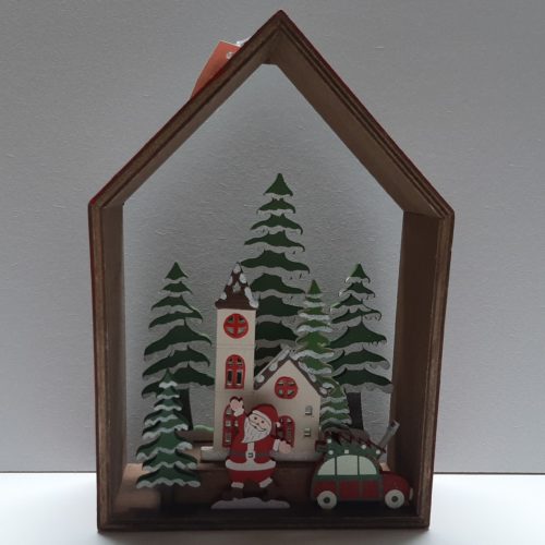 Kerst decoratie houten huis met kerstman in winters tafereel