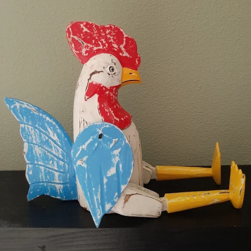Fairtrade beeld kip van hout blauw-wit met beweegbare poten en vleugels