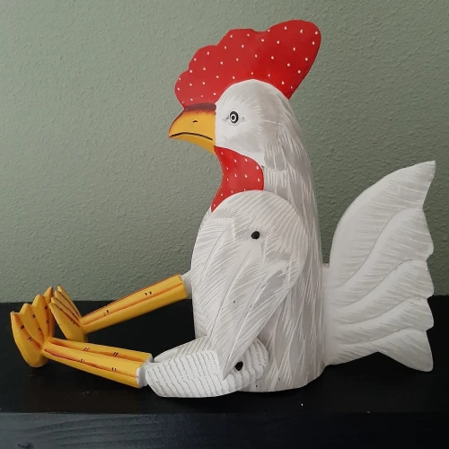 Fairtrade beeld kip van hout wit-grijs met beweegbare poten en vleugels