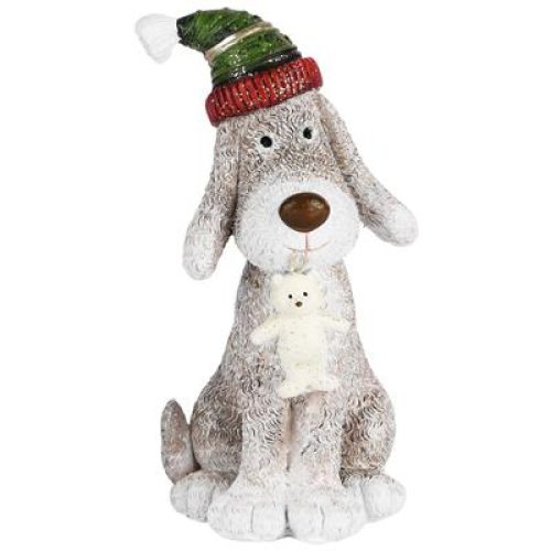 Beeldje hond met wintermuts 14cm hoog