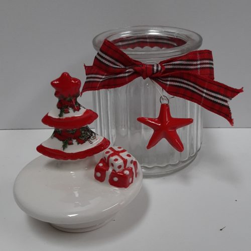 Glazen voorraadpot kerst met strik en kerstboom