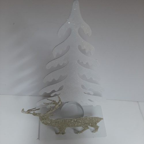 Theelichthouder kerst witte kerstboom met gouden staande rendier opzij