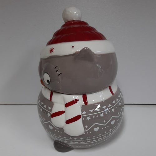 Voorraad pot kerst uil grijs met rode en witte details