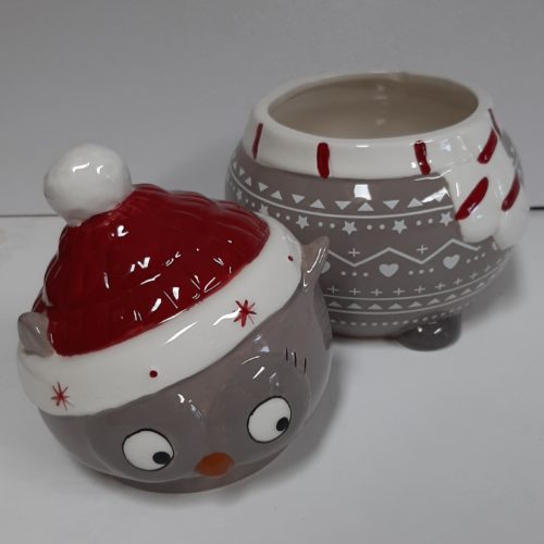 Voorraad pot kerst uil grijs met rode en witte details