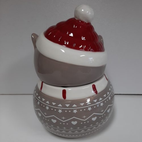 Voorraad pot kerst uil grijs met rode en witte details