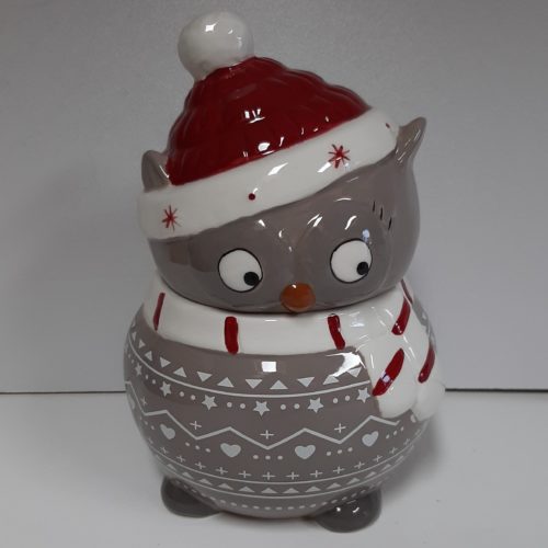 Voorraad pot kerst uil grijs met rode en witte details