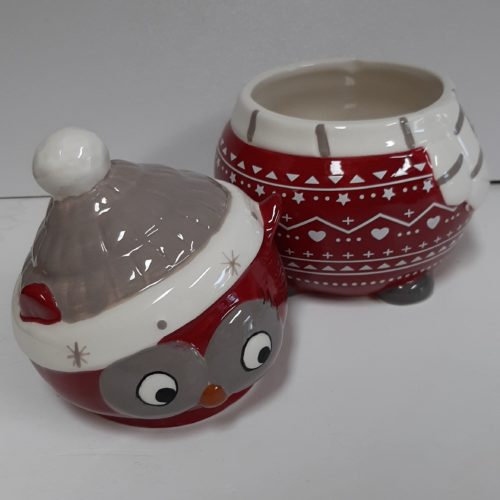 Voorraad pot kerst uil rood met grijze en witte details