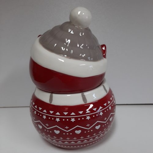 Voorraad pot kerst uil rood met grijze en witte details