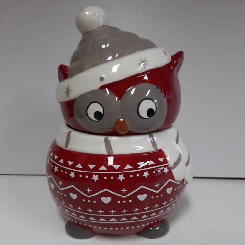 Voorraad pot kerst uil rood met grijze en witte details