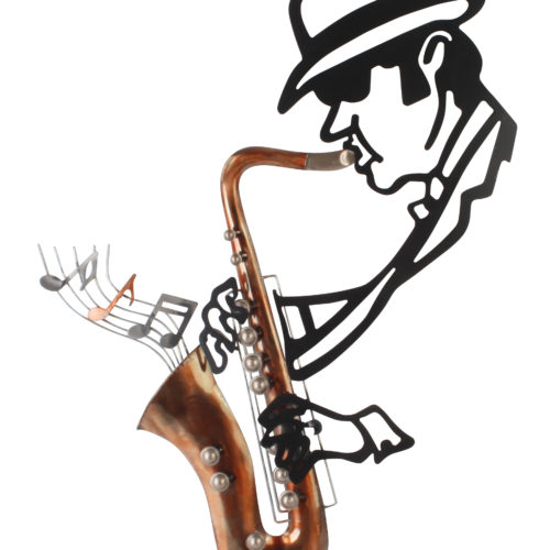 Metalen wandbord muzikant speelt saxofoon 100cm hoog