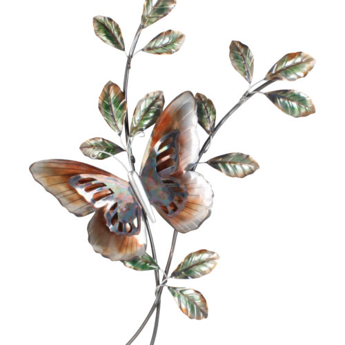 Metalen wandbord vlinder op tak met bladeren 76cm hoog