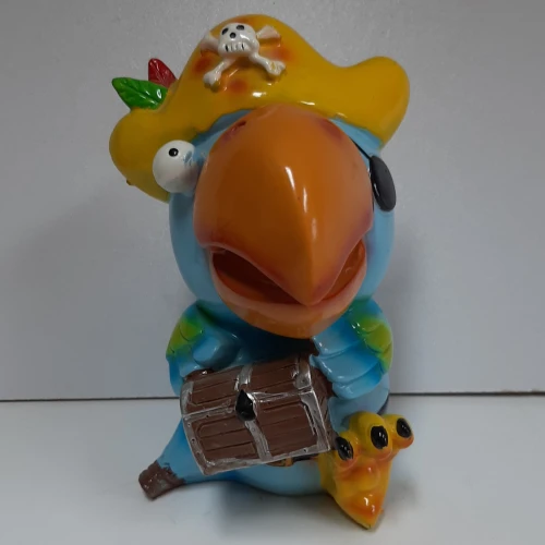 Spaarpot papegaai piraat blauw met schatkist en gele hoed