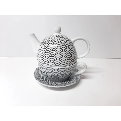 Theepot Tea for one set in zwart wit met retro print