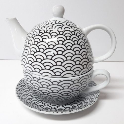 Theepot Tea for one set in zwart wit met retro print