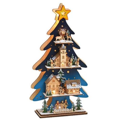 Blauwe 3D kerstboom van houtsnijwerk gedetailleerd 36cm