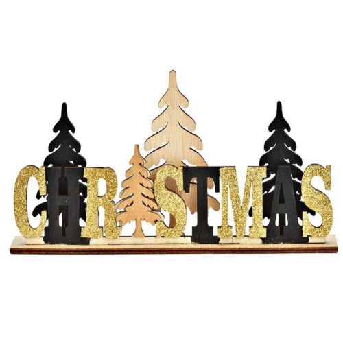 Houten woord Christmas in goud en zwart met kerstbomen decor