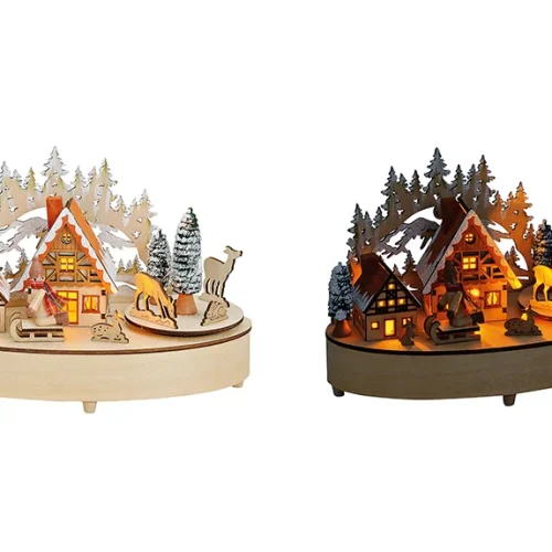 Speeldoos kerst wintertafereel gedetailleerd van hout met led-verlichting