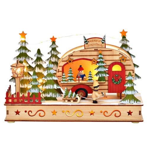 Kerstdecoratie houtsnijwerk kerstbomen en verkoopwagen met led-verlichting